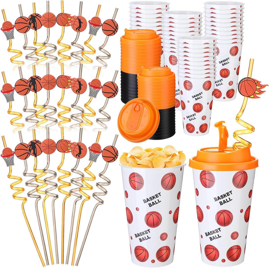 Remerry 16 Set Basketball Party Favors Goodie Cups with Lids and Spiral Straws 16 oz Reusable Sports Plastic Tumblers Candy Cups for End of Season Team Gifts Birthday Party Supplies