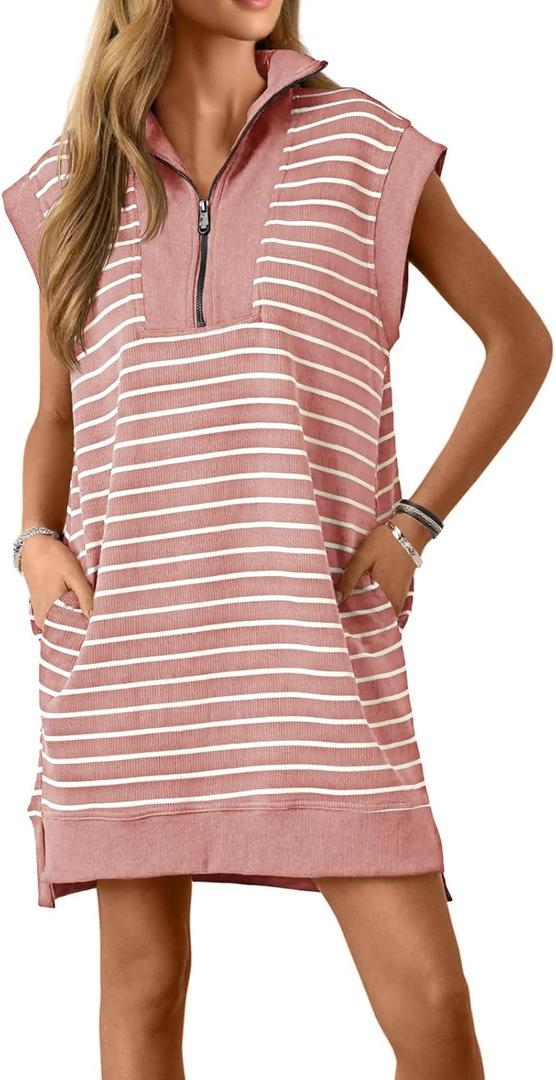 Wenrine Womens Striped Mini Dress Casual Zipper Cap Sleeve Collared V Neck Loose Knit Summer Dresses (Large, Pink)