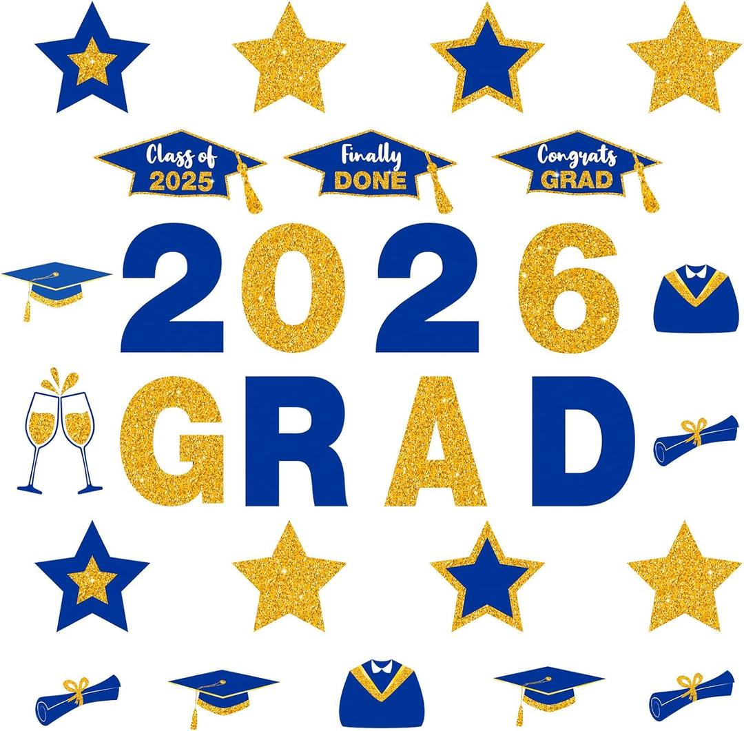 Ferraycle 19 Pieces Graduation Cruise Magnets 2026 Graduation Car Decorations Waterproof Grad Refrigerator Magnetic Decals Stickers for Party Garage Door Decoration Cars Bumper(Blue and Gold)