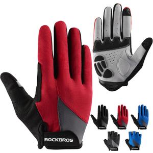 ROCKBROS Cycling Gloves for Men Women - Breathable Gel Pad Road Mountain Bike Gloves - Touch Screen Anti-Slip MTB Gloves for Cycling Workout Outdoor Sports (Large, Full Red)