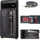 for Google Pixel 6 Case with Card Holder for Women,for Pixel 6 Phone Case Wallet with Strap Credit Card Slots Crossbody with Kickstand Zipper Case for Pixel 6 - Black Leopard
