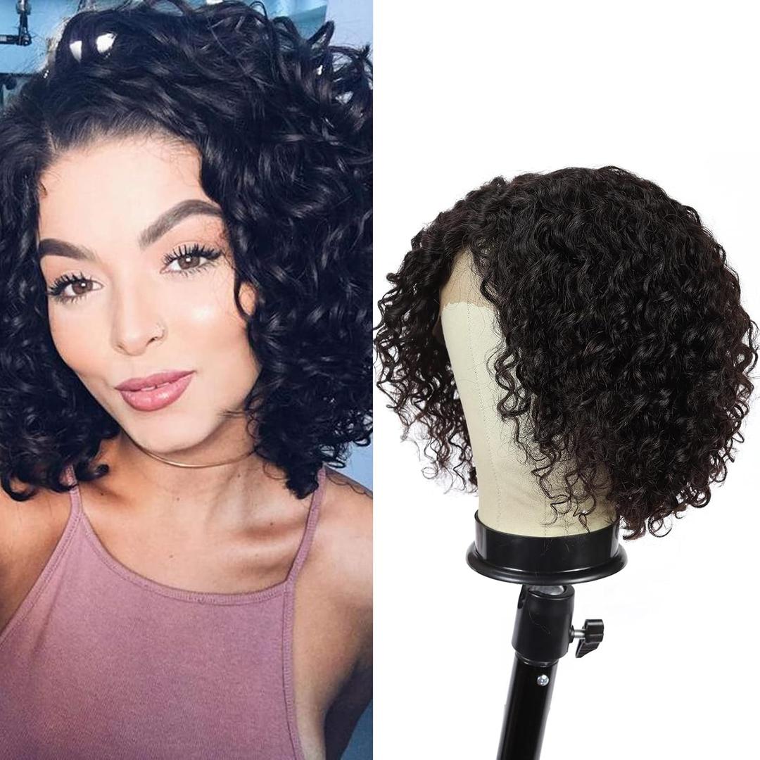 Blissource Short Curly Human Hair Wigs for Black Women 10inch Water Curly L Part Lace Front Wigs 150% Density Unprocessed Brazilian Glueless Wigs Side Part Wig African American Women Wig