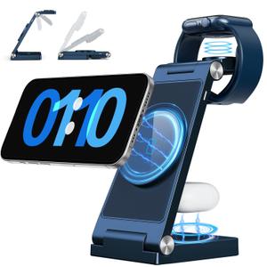 RYND 2025 Traveling Wireless Mag-Safe Fast Charging Station,Magnetic 3 in 1 Charger with Light for iPhone 16 15 14 13 12 Pro Max Plus,Apple Watch Series & Air pods 4 3 2 Pro-Gifts for Wife & Husband (Dark Blue)