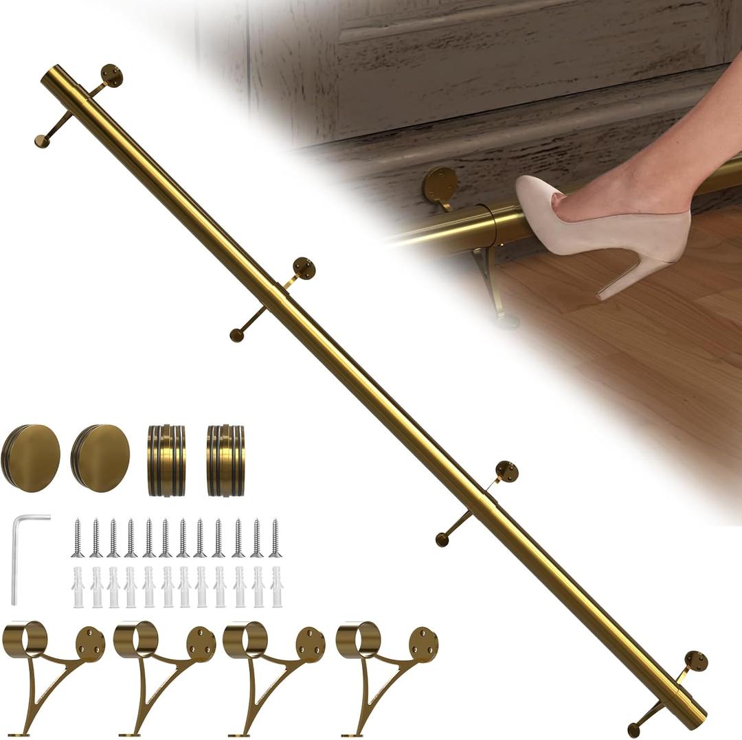 Bar Foot Rail Kit 4ft / 6ft / 8ft - Stainless Steel Complete Floor Standing Bar Foot Rest - Brass Gold Foot Rail System with Tubing, Wall Brackets, End Caps & Internal Connector
