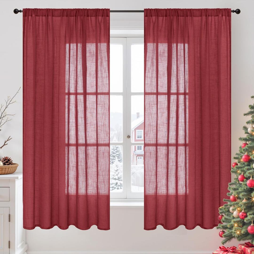 BGment Burgundy Linen Curtains 63 Inches Long for Living Room, Semi Sheer Window Drapes Textured for Bedroom Dining Light Filtering with Rod Pocket Lightweight, 2 Panels, Each 52 Inch Wide