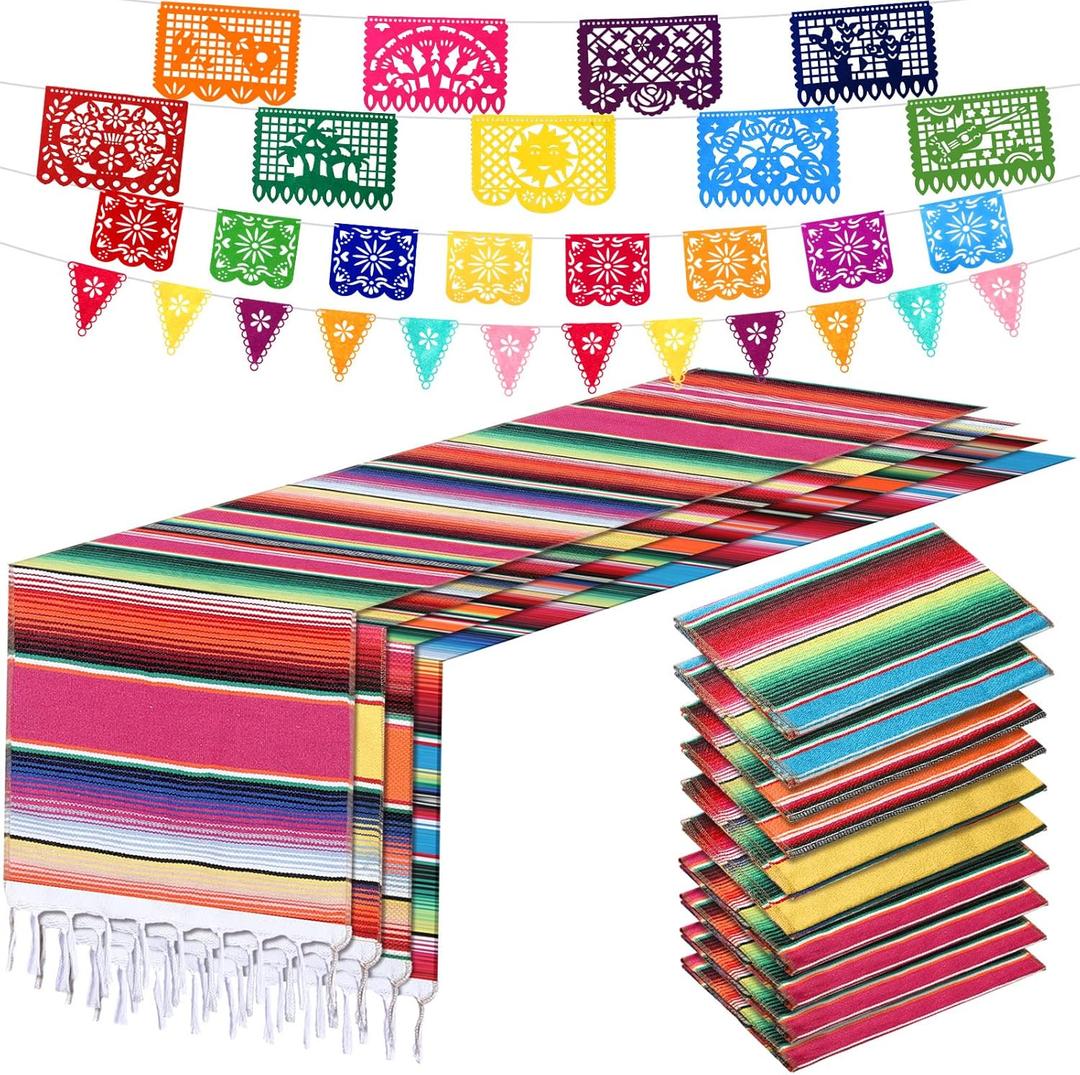 10 Pack 14 x 84 in Mexican Serape Table Runners, 29 Pcs Papel Picado Banner, Fiesta Hanging Banner and Pennant Flag Banner Colorful Bunting Banner for Mexican Theme Party (Rose, Blue, Orange, Yellow)