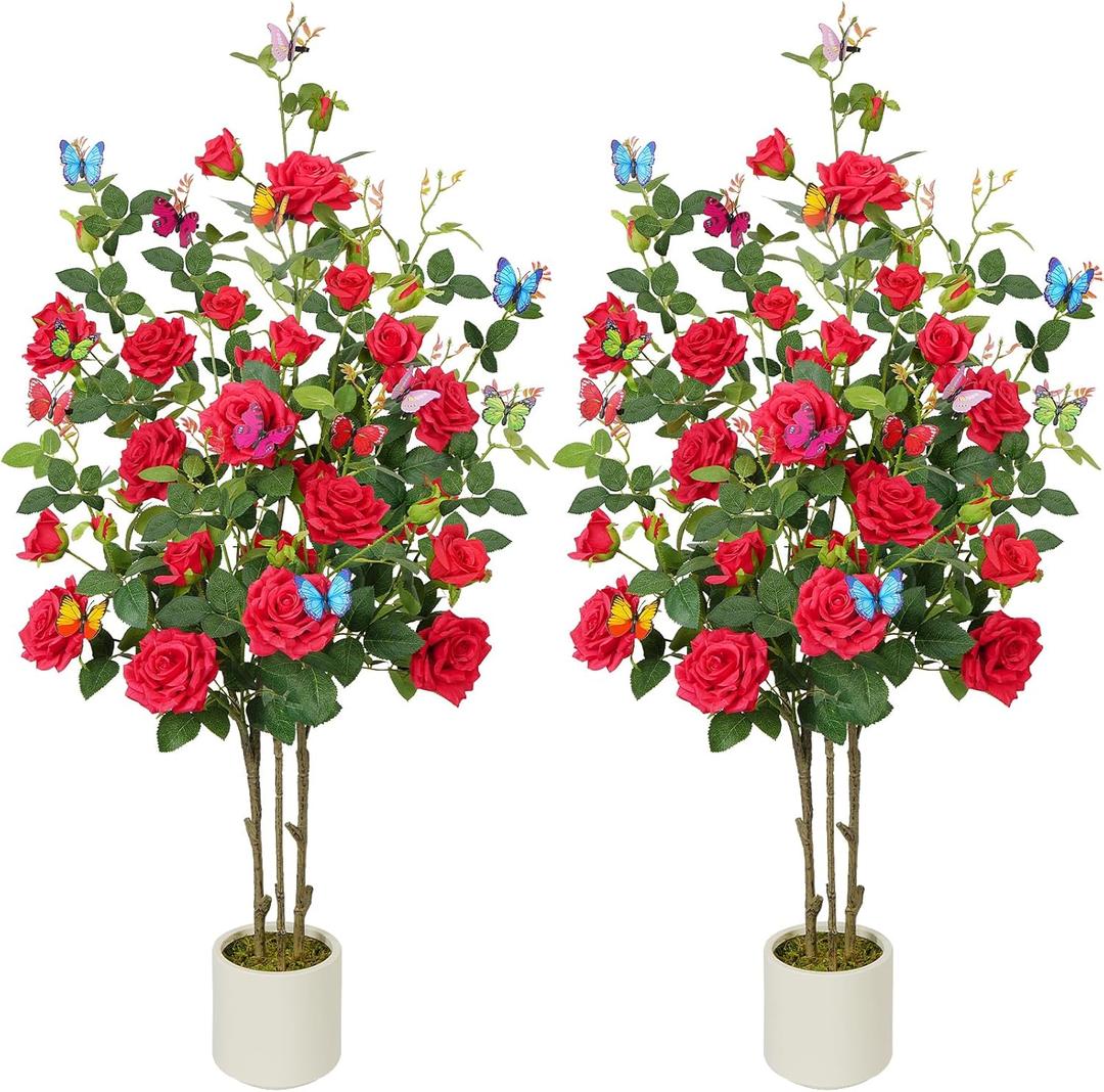 4FT Fake Rose Tree 2 Pack, Realistic Artificial Camellia Plant in Pot with 24 Detachable Butterflies Fake Flower Trees for Home Office Living Room Front Porch Indoor Outdoor Decor (Greenpink)