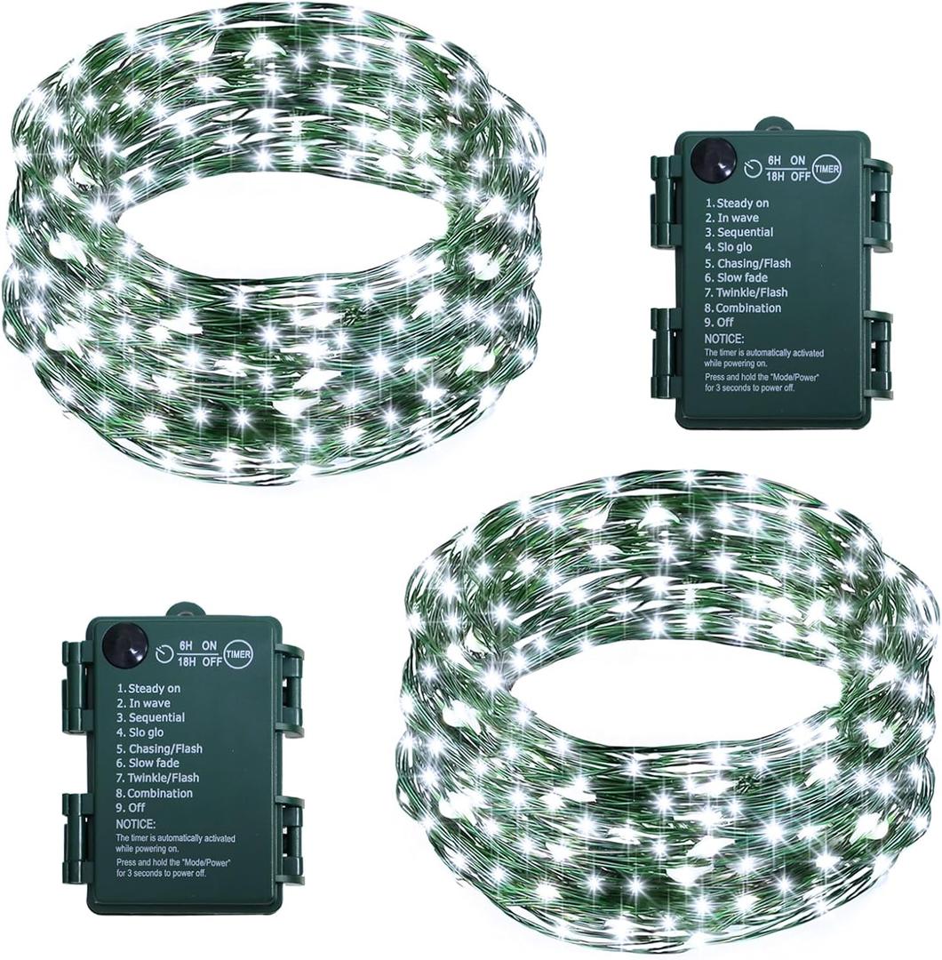 2 Pack Fairy Lights Battery Operated, 33Ft 100 LED String Lights with Auto Timer 8 Modes Green Copper Wire Twinkle Light for Bedroom Garden Wreath Wedding Christmas (Cool White)