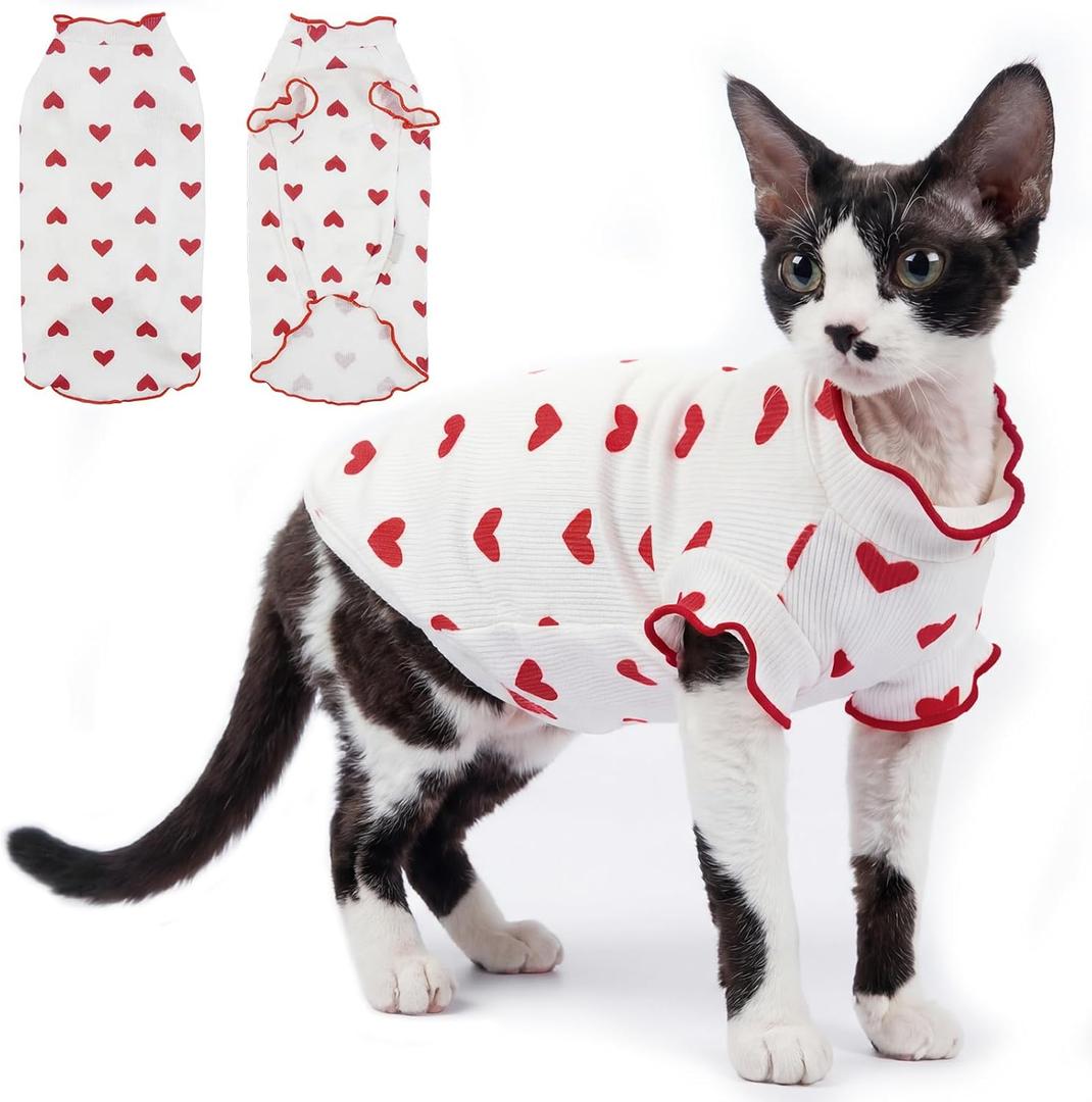 DENTRUN Soft Sphynx Cat Shirt, Breathable Heart Pattern Apparel for Cats | Perlin sleeves, breathable soft pajamas, cat clothes for cats only, Medium