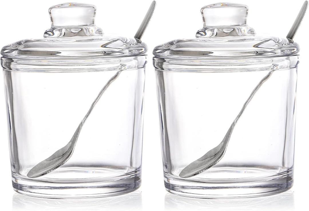 Frcctre Set of 2 Glass Sugar Bowl, 6 Ounces Clear Sugar Jar with Spoon and Lid, Salt Spice Pepper Bowl Seasoning Jar Condiment Pots Dispenser Container for Home Kitchen Coffee Bar