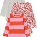 Amazon Essentials Girls and Toddlers' Cotton Long-Sleeve Tunic T-Shirts, Pack of 3, M, Floral/Light Grey Heather/Stripe