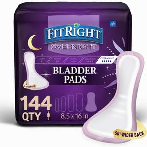 Medline FitRight Overnight Bladder Control Pads, Maximum Absorbency, Nighttime Incontinence Protection, 8.5 x 16, 24 Count per Bag (6 Bags)