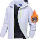 Men's Mountain Ski Jacket Waterproof Fleece Liner Snow Coat Warm Winter Windproof Hooded Raincoat (White)
