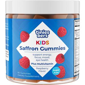 Tinies bers Saffron Gummies for Kids, with Multivitamins, Methyl Vitamin B12, Improve Focus, Mood Balance, Boost Energy, Support Vision Health, Daily Support, Vegan, Sugar Free, Pectin, Berry, 90