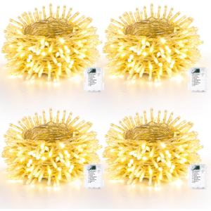 Lomotech Battery Operated Christmas Lights - 4 Pack Total 66ft 200LEDs String Lights 8 Modes Waterproof with Timer for Home, Garden, Party, Holiday, Tree Decoration (Clear Wire, Warm White)
