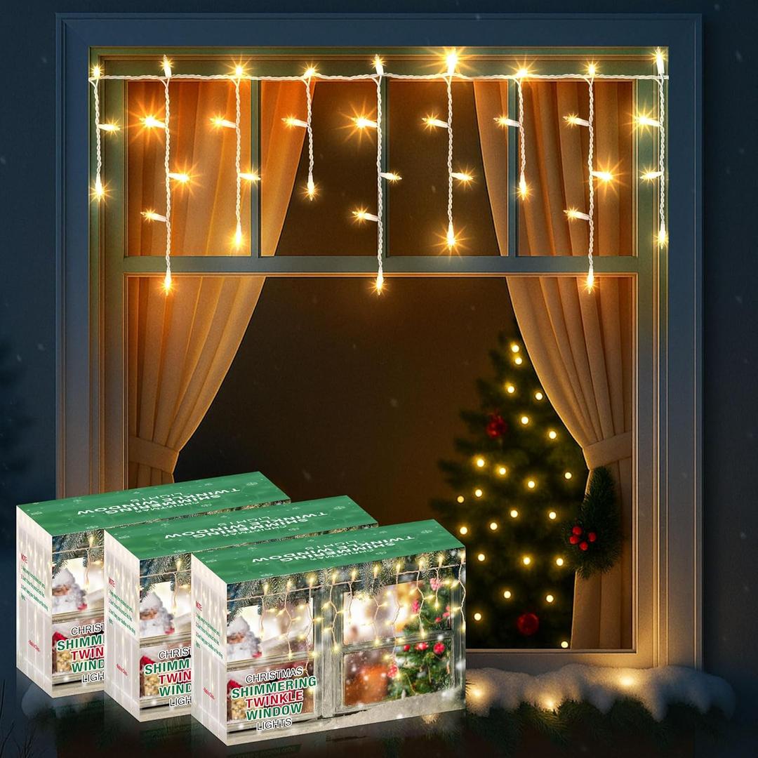 3 Pack Christmas Window Icicle Lights 3FT 50 Bulbs, Ideal for Most U.S. Standard Windows, Indoor String Lights for Window Decor, UL Certification (12 Random Twinkling Style,Warm White)