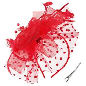 WLBON Fascinators Hat 20s 50s Headband Hair Clips Flower Mesh Veil Feather Headpiece Headwear Women Halloween Carnival Cocktail Wedding Church Cosplay Dress Up Birthday Tea Party Accessories Red