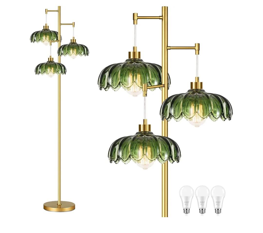 Glass Floor Lamp for Living Room,Bedroom,Mid Century Modern Standing Lamp Brass Tree 3 Light Tall Floor Lamps Vintage Retro Floor Lights Gold Green Flower Lamp Shade Farmhouse Boho Bohemian