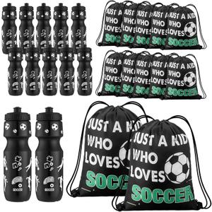 Reallnaive 24 Pcs Soccer Party Favors 24 oz Soccer Gift Water Bottle with Drawstring Bag Set Goodie Bags for Sports Team Gifts Birthday Decoration