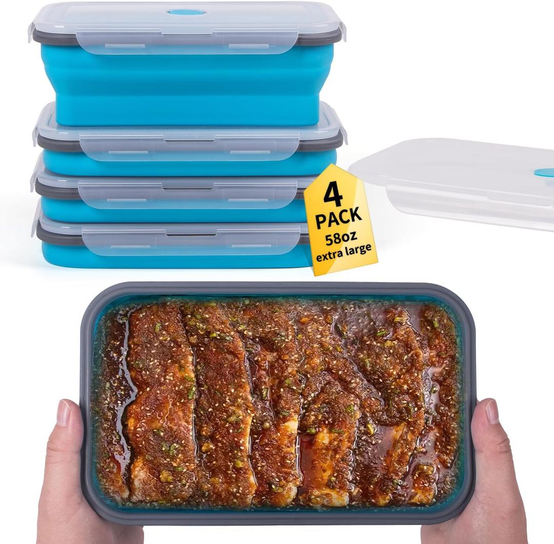 Extra Large Collapsible Food Storage Containers with Lid & Air Vent, 58 oz, 4 Pack, XL Collapsible Marinade Container with Lid Foldable Silicone Containers, Microwave Freezer Dishwasher Safe, Blue