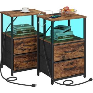 TUTOTAK LED End Table with Charging Station, Nightstand with Cloth Drawer, Side Table with 1 USB Port and 1 Type-C Port, Set of 2, Couch Table, Brown TB01BB052L