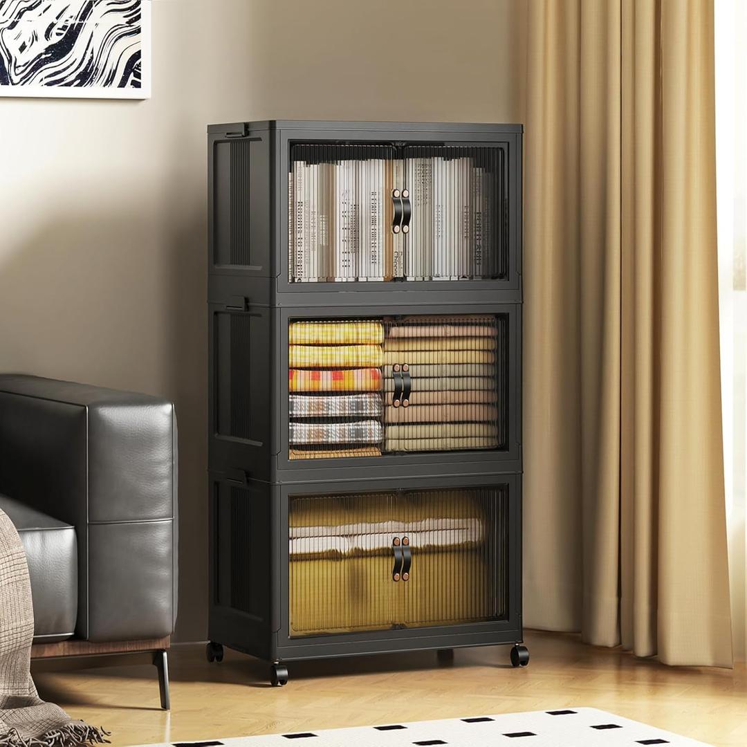 SAILUN 49Gal/195Qt Stackable Storage Bins Folding Collapsible Storage Bins with Lid, Closet Organizers and Storage Box with Door Black 22" W x 13" D x 38" H