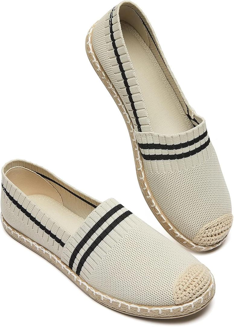 BABUDOG Women's Espadrilles Breathable Flats Shoes Mesh Slip on Loafers Soft White Flats (9, Beige)