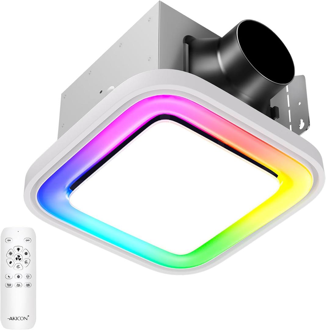 Akicon Bathroom Exhaust Fan with RGB LED Light, 110 CFM 1.5 Sone Ultra Quiet Bathroom Vent Fan for Ceiling, 3CCT Dimmable Light & Nightlight, Remote Control, Square (White), 12.2 inch
