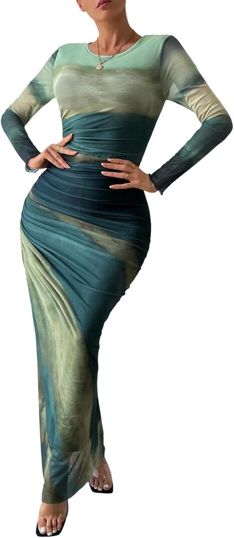 MARZXIN Women Long Sleeve Maxi Dress Bodycon Ruched Formal Slim Fit Tie Dye Dress Formal Mesh Dress (S)