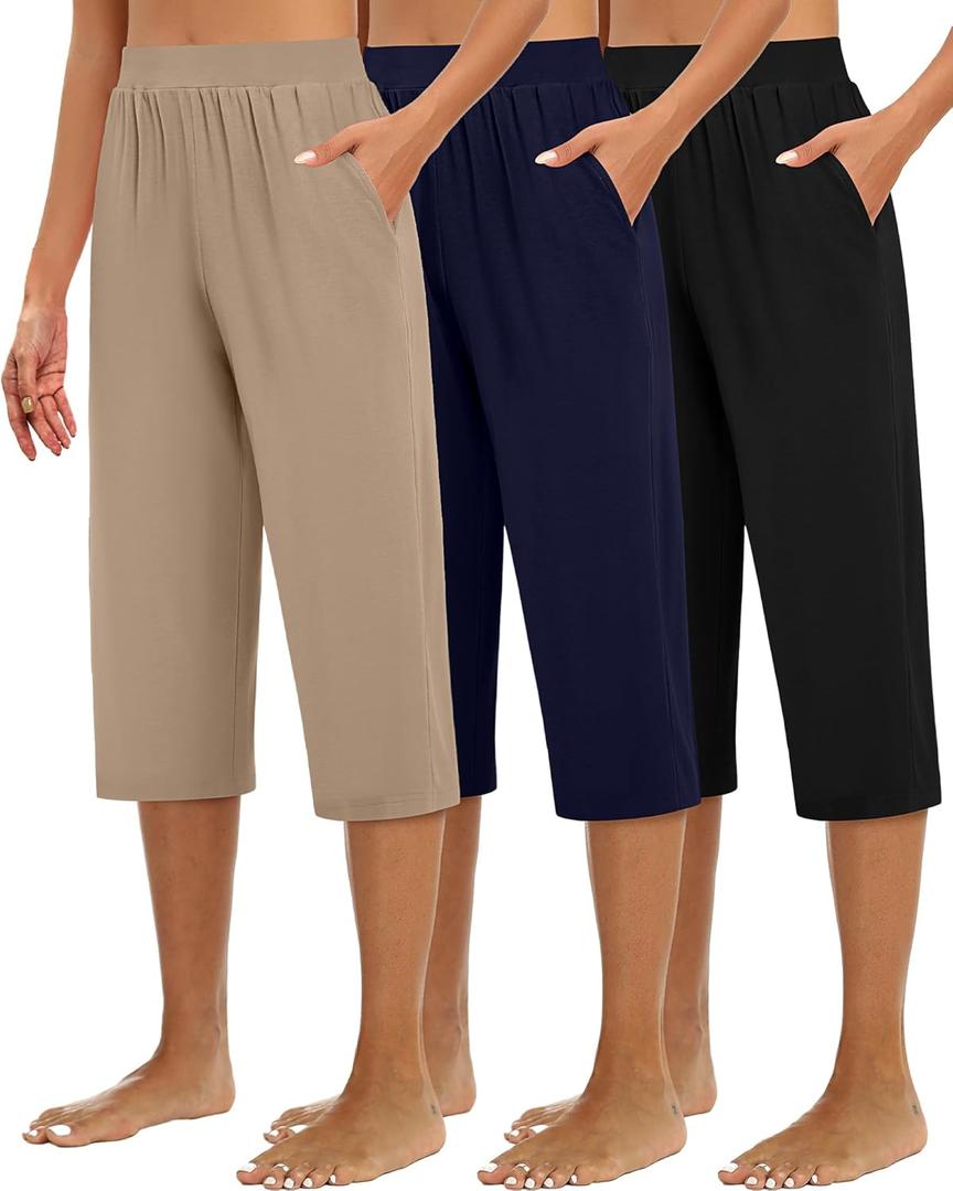 Huukeay 3 Pack Women's Capri Sweatpants Cozy Wide Legs Cropped Capri with Pockets Lounge Jogger Pants Workout Yoga Solid (XL)- Black, Navy Blue, Apricot