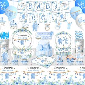 141Pcs Blue Flower Theme Baby Boy Shower Decorations,Cute Baby Boy Party Tableware Set With Banner,Plates,Napkin,Cups,Balloons And Cake Decorations,BoyGender Reveal Party Supplies