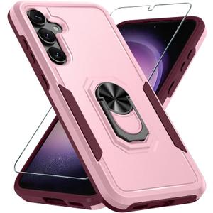Compatible with Samsung Galaxy S24/S25 Case with Screen Protector Tempered Glass,Heavy Duty Shockproof Full Body Phone Cover Built in Metal Ring Holder Kickstand,2025 Cute Pink