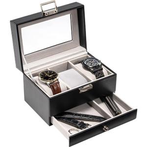 ProCase Men's 3-Slot Watch Display Case with Drawer, Black