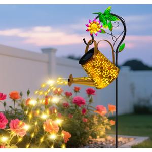 Solar Metal Watering Can with Hummingbird Shepherd Hook and Cascading Lights, Outdoor Solar Lantern for Garden, Yard, Patio Decor and Gardening Gifts for Women Mother's Day