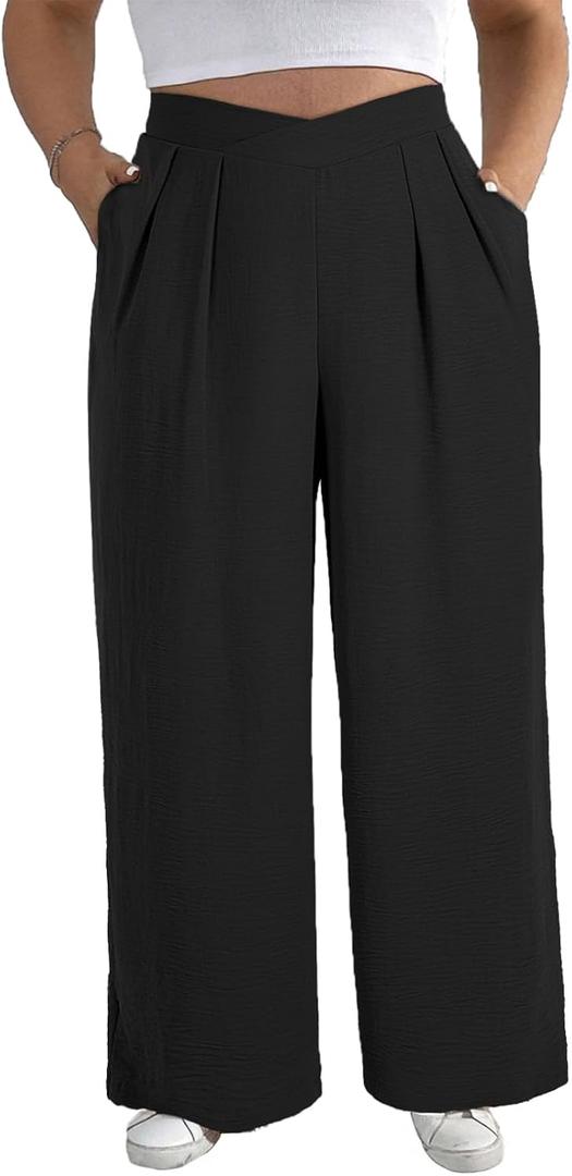 Eytino Plus Size Pants for Women Casual Cross High Waist Business Work Flowy Wide Leg Pants with Pockets, 4X Black