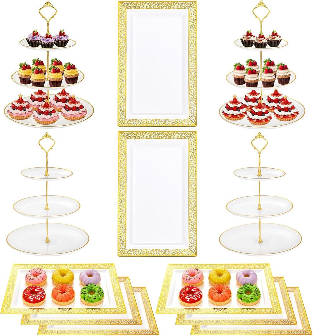 Supernal 10 Pack Dessert Table Display Set -4 Sets 3 Tier Cupcake Stand,6 Pcs Food Serving Trays,Elegant Tableware for Cupcakes and Snacks,Perfect for Tea Party Baby Shower Decorations(White and Gold)