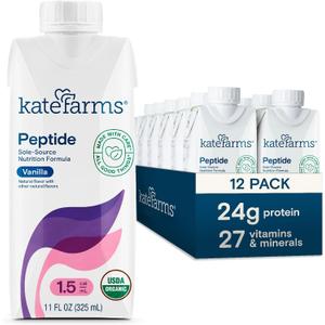 KATE FARMS Organic Adult Peptide 1.5 Formula, Vanilla, Sole-Source, Hydrolyzed Plant-Based Nutrition for Oral or Tube Feeding, 11 Fl oz (12 Pack) (EXP 01/08/27)