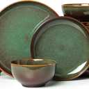 24 Piece Dinnerware Sets for 8, Modern Stoneware Plates and Bowls Setst, Perfect for Family Gatherings & Holiday Celebrations, Easy Cleaning Dishes Set, Stack Compactly Dishware, Brown Green