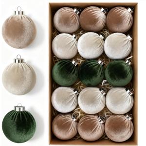 Christmas Tree Ornaments Velvet Balls 15 PCS - 3.15 Inch Shatterproof Christmas Decorations for Tree Brown Green Neutral Ornament Set Xmas Holiday Decorations Vintage Hanging Decor