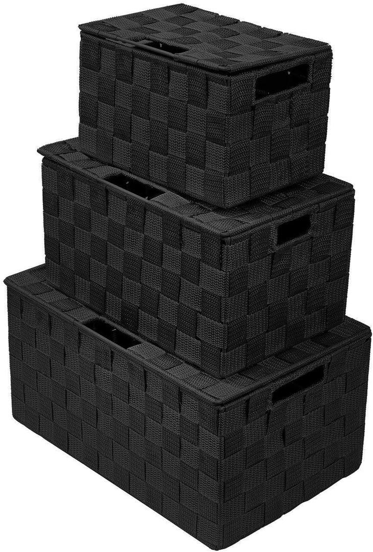 Sorbus Set of 3 Black Woven Storage Baskets with Lids  Mesh Hand-Woven Bins for Closet, Shelf, and Linen Organization  Variety Pack