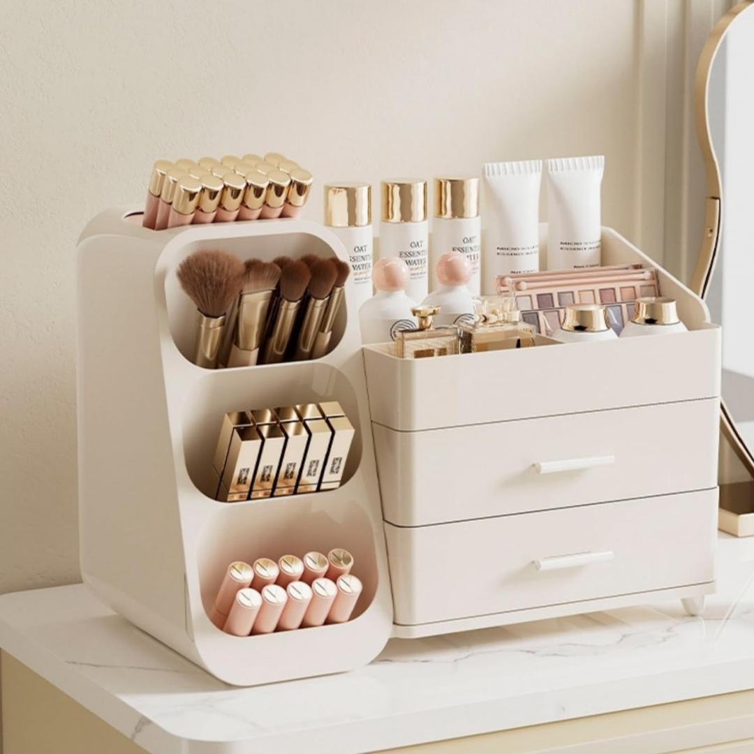Makeup Organizer with Drawers,Large Capacity Countertop Organizer for Vanity,Bathroom and Bedroom Desk Cosmetics Organizer,Easy To Storage Skincare,Brushes,Lotions,Lipstick (All Cream)