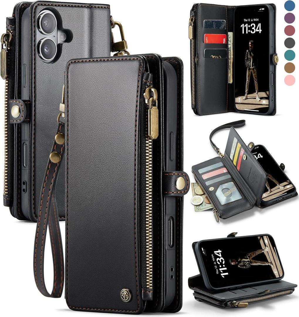 Defencase Compatible with iPhone 17 Case Wallet with RFID Blocking Card Holder for Women and Men, Fashion PU Leather Magnetic Snap Flip Zipper Strap Wallet Phone Case for iPhone 17 6.3", Black