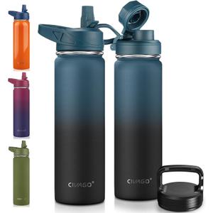 CIVAGO 22 oz Insulated Water Bottle With Straw, Stainless Steel Sports Water Flask Cup with 3 Lids (Straw, Portable Spout and Handle Lid), Double Walled Travel Thermal Canteen Mug, Indigo Black