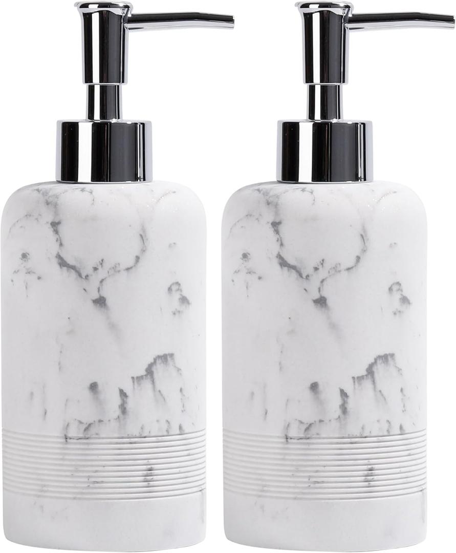 YMXYJM 2pcs/Set Hand Soap Dispenser Sets - 10.8oz Refillable Resin Liquid Soap Dispensers with Rust-Proof Pump for Bathroom Countertop or Kitchen, Marble White