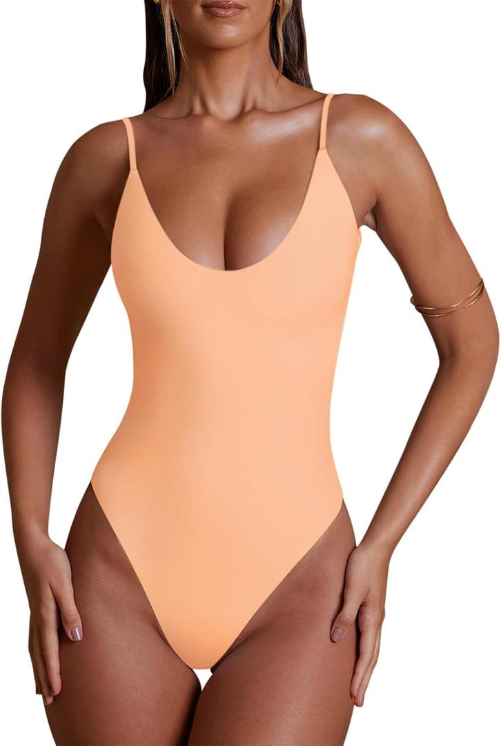 REORIA Womens Summer Sexy Deep Round Neck Double Lined Sleeveless Trendy Going Out Bodysuit Tank Tops (Large, Peach Fuzz)