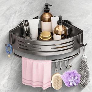 Corner Shower Caddy Suction Cup, Shower Shelves Organizer for Bathroom Storage, Aluminum No-Drilling Removable Rustproof Shower Shelf Rack with Towel Bar & Hooks (Gray)