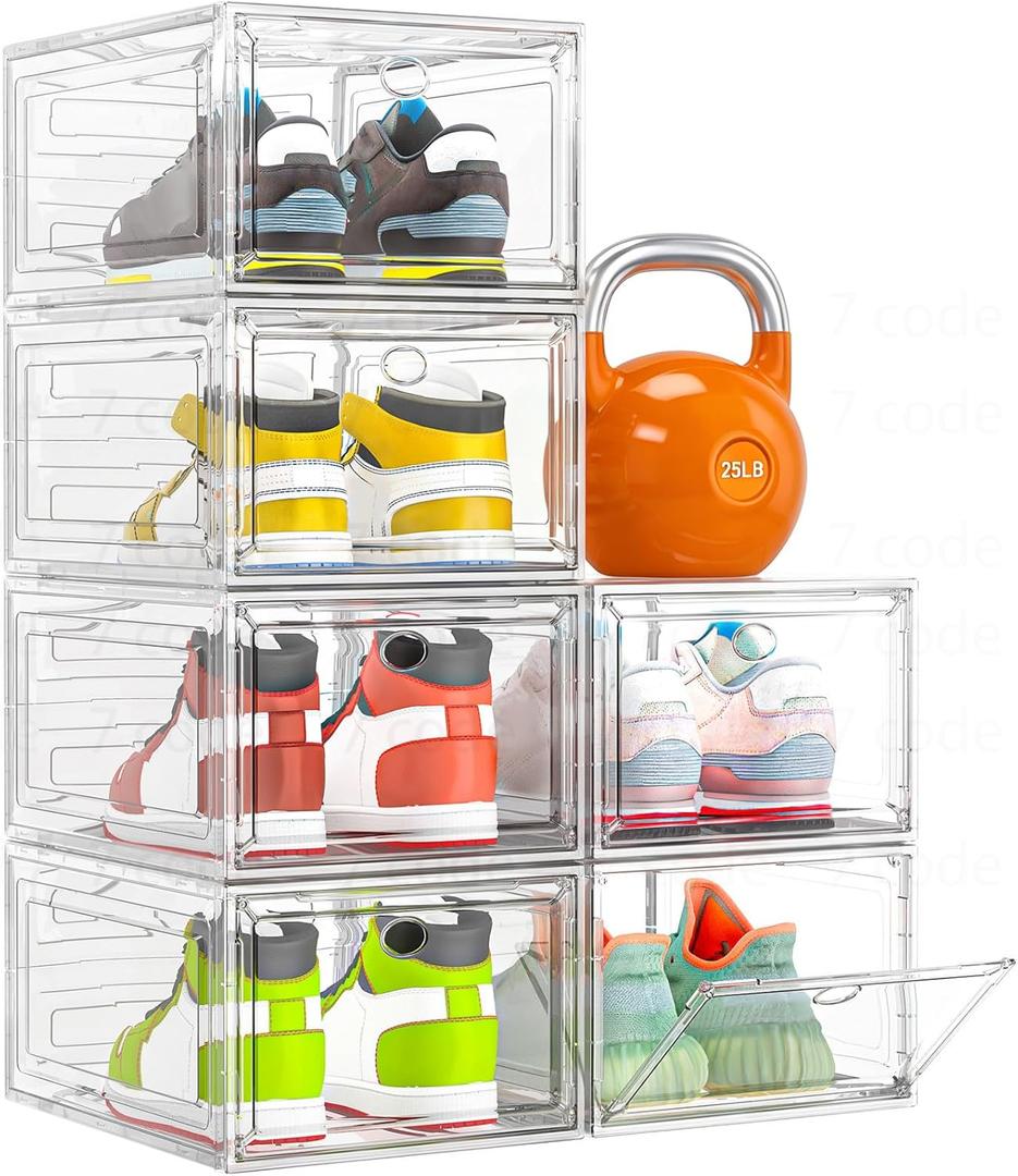 Thickened Clear Shoe Storage Organizer with Magnetic Door, Sturdy Stackable Shoe Boxes for Closet, Collapsible Space-Saving Shoe Rack for Sneakers & Boots, Plastic Shoe Cabinet Box Set, 6 Pack, White