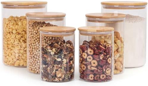 Wnaraa Glass Storage Containers with Lids, Glass Jars with Bamboo Lids, Large Food Storage Jar, Sugar, Pantry Storage Container for Pasta Rice Flour Oats Nuts Tea Spice Squared (4pack)
