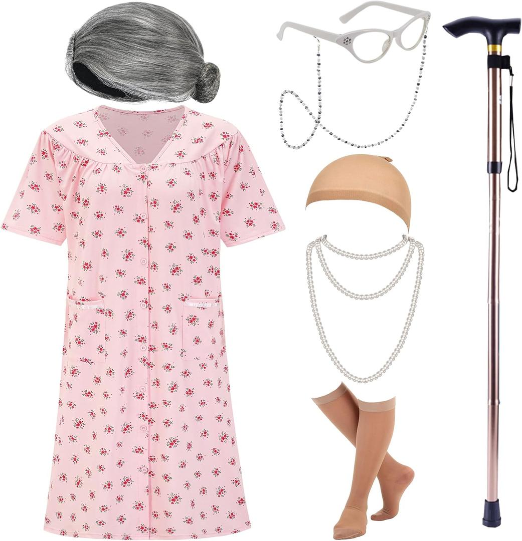 EBYTOP Halloween Women's Old Lady Costume Dress up Outfit Accessories for Adults (Large-X-Large, Pink)