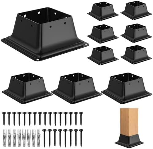 FMhotu 4x4 Post Base 10Pcs, Internal 3.6"x3.6" Heavy Duty Powder-Coated Steel Post Bracket Fit for Standard Wood Post Anchor, Decking Post Base for Deck Porch Handrail Railing Support with Screws